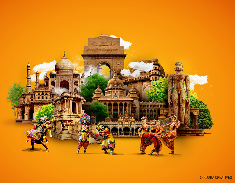 A vibrant collage of Indian heritage landmarks, classical dance, and cultural monuments